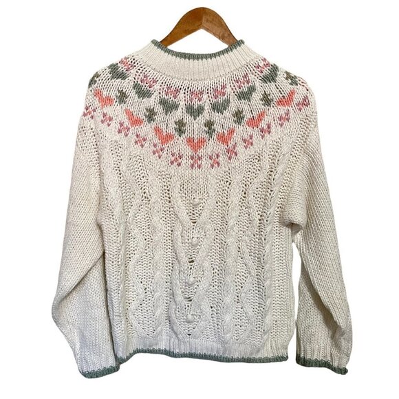 Vintage Womens White Mock Neck Cable Fisherman Knit Bobble Hearts Sweater Medium - Picture 1 of 9